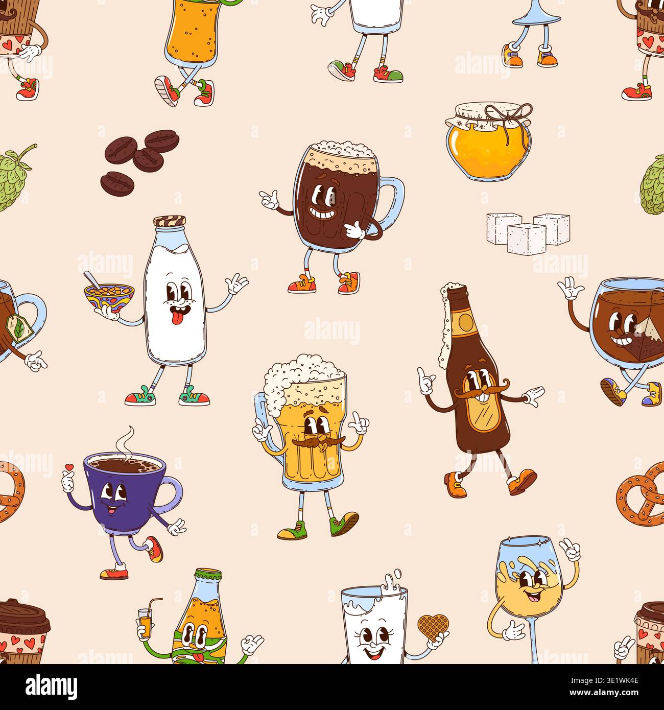 Groovige Drink-Charaktere nahtloses Muster Hintergrund. Retro-Vektor-Muster mit Milchflasche, Müslischüssel, Bierbecher, Limonadenflasche, Honigglas, Kaffeetasse, Teetasse, Zuckerwürfel und Hopfenkegel für das Menü Stock Vektor