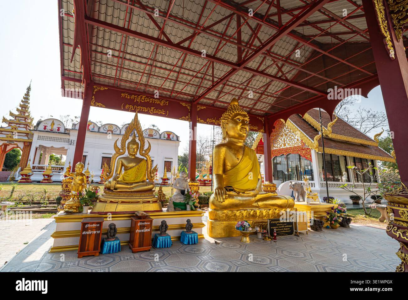 Muang, Phayao, Thailand - 17.03.2026: Wat Sri Chom Rueang, zwei große vergoldete sitzende Buddha-Statuen auf erhöhten Plattformen unter rotem Stahldach Stockfoto