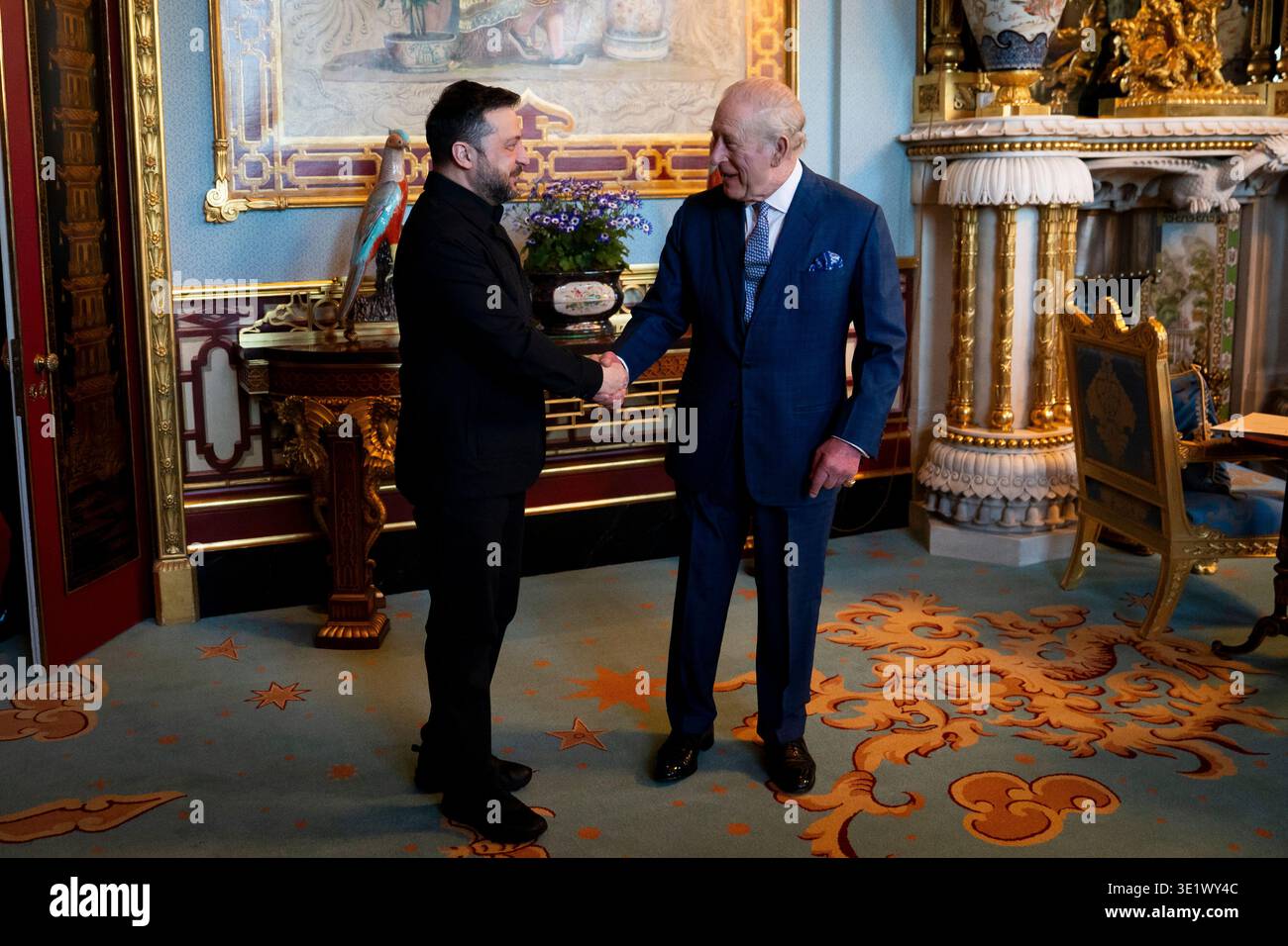 König Karl III. Hält eine Audienz mit dem ukrainischen Präsidenten Wolodymyr Zelensky im Londoner Buckingham Palace. Bilddatum: Dienstag, 17. März 2026. Stockfoto