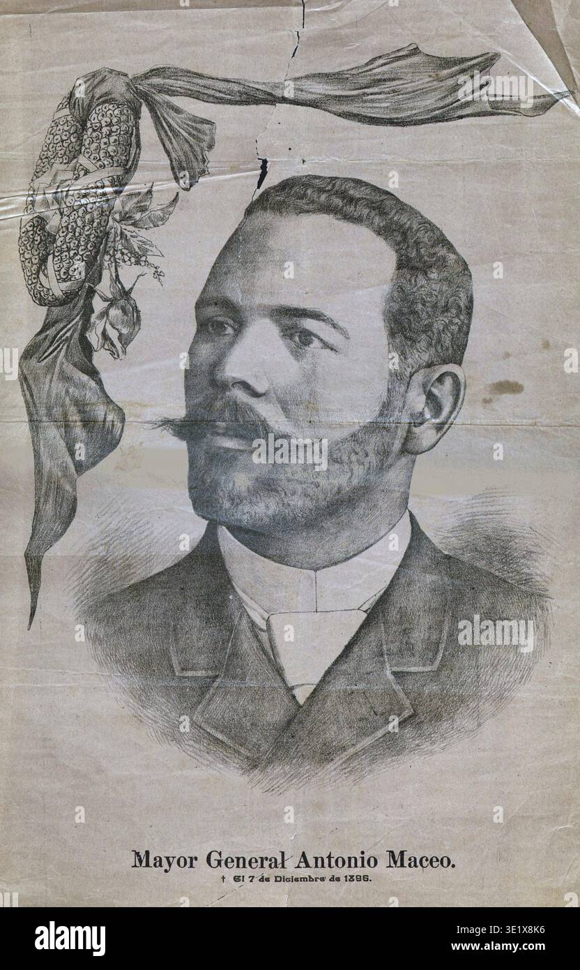 Porträt von José Antonio de la Caridad Maceo y Grajales, Generalmajor der kubanischen Befreiungsarmee mit Dienst in allen drei Unabhängigkeitskriegen Kubas. Archiv Porträt Illustration der Unabhängigkeitskriege Kubas, aus Havanna stammende Zeitung La Caricatura um 1900 Stockfoto