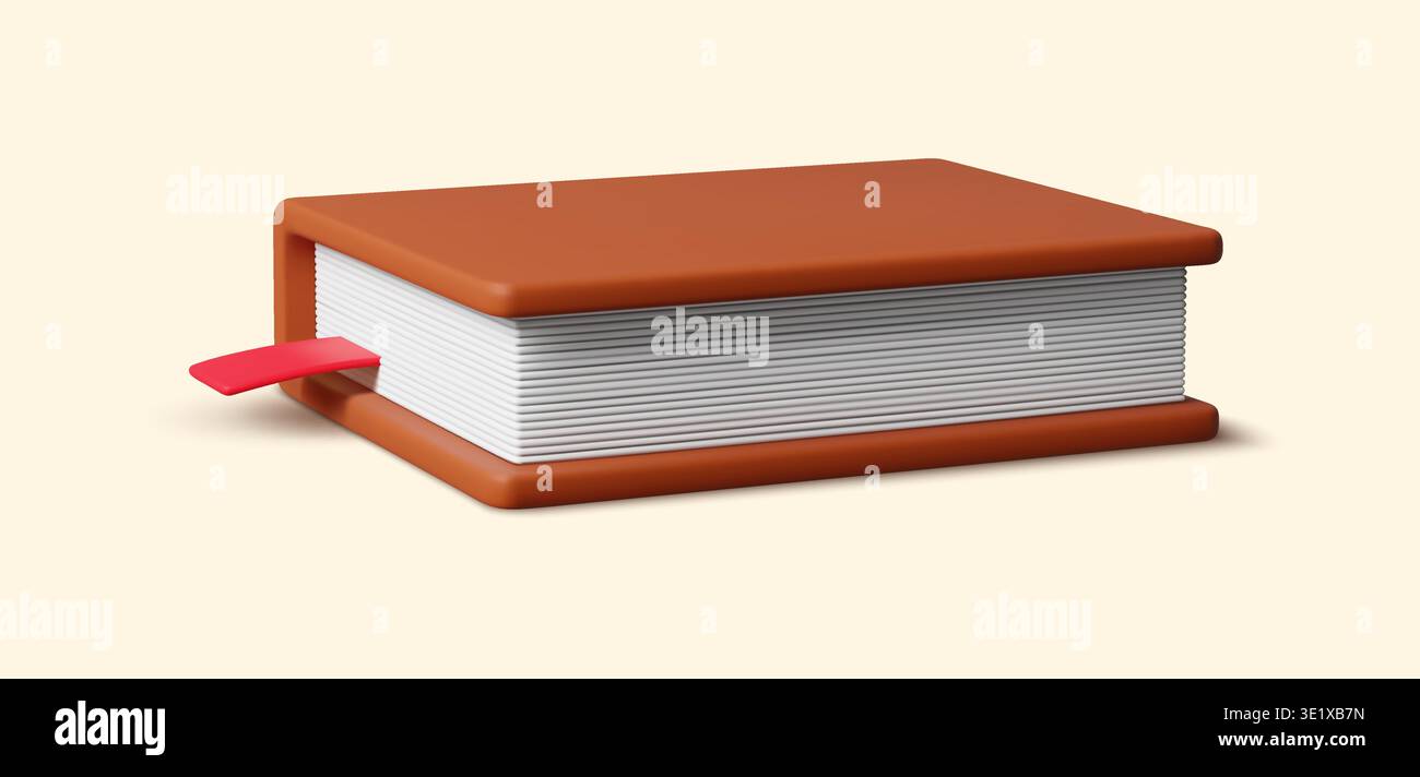 3D geschlossenes Buch mit Hardcover. Realistisches 3D-Rendering eines Hardcover-Buches in sattem Braun mit lebendigem rotem Lesezeichen im Inneren. Vektorsymbol für Branding in Bibliotheken und Universitäten, Bildungs-App-Schnittstelle Stock Vektor