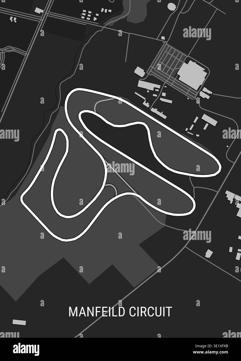 Eine minimalistische, graue Karte der Manfeild Circuit Rennstrecke. Der Track selbst wird in einem fettgedruckten weißen Umriss vor einem dunkleren Hintergrund hervorgehoben. Stock Vektor