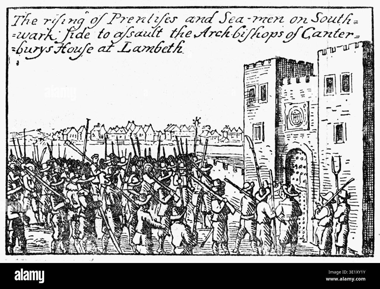 Assault on Lambeth Palace im Mai 1640 bezieht sich auf Unruhen in London während der politischen Konflikte vor dem englischen Bürgerkrieg, als eine Menschenmenge die Londoner Residenz von Erzbischof William Laud Angriff. Lambeth Palace diente als offizielle Residenz des Erzbischofs von Canterbury. Das Archivbild zeichnet einen historischen Fotodruck auf, der einen Stich aus dem 17. Jahrhundert darstellt, der den Angriff veranschaulicht. Stockfoto