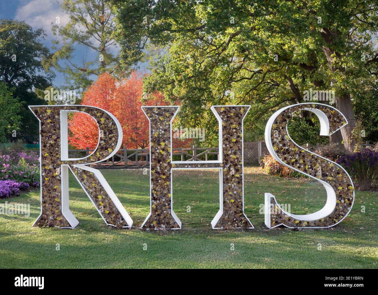 RHS Wisley Gardens Herbstschild „RHS“-Skulptur mit eingebetteten Blumen auf sonnendurchfluteter Grasfläche in herbstlicher Farbe hinter Surrey UK Stockfoto