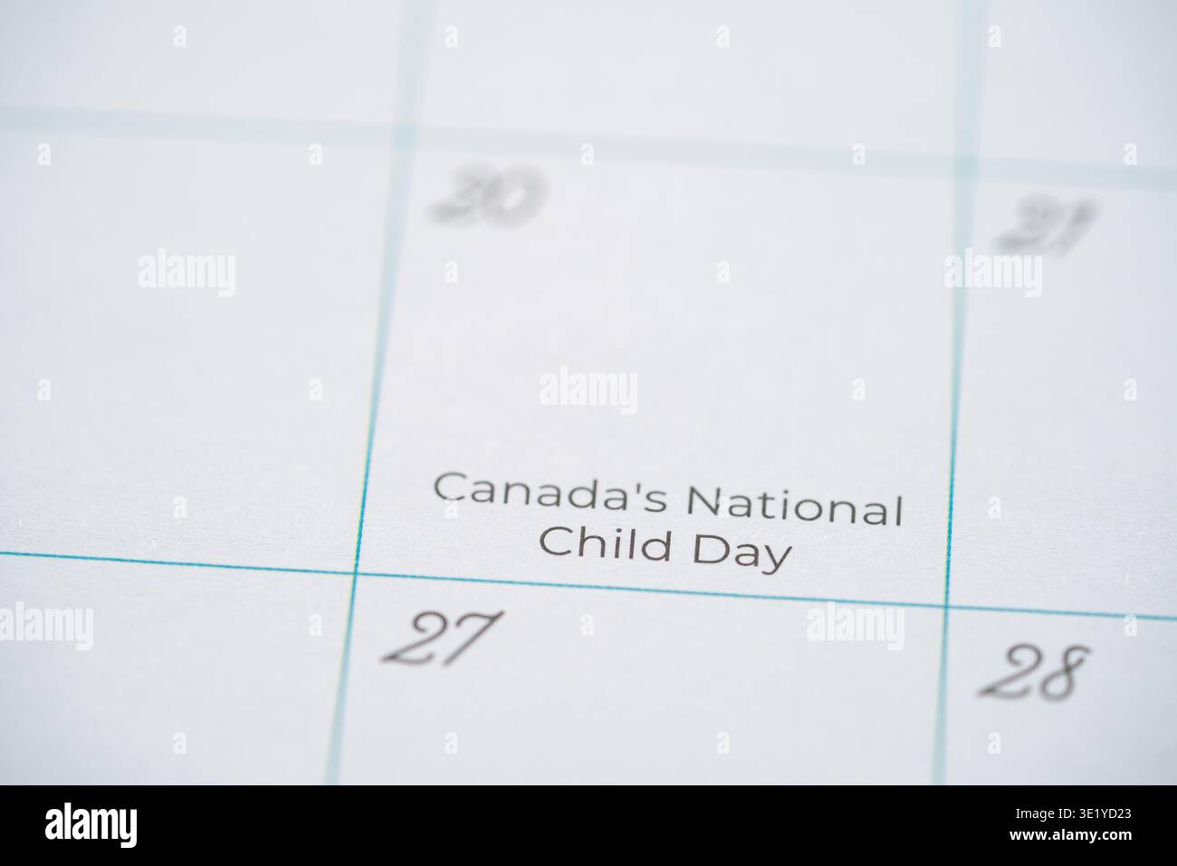 Nahaufnahme des Kalenders mit dem Datum des kanadischen Nationalkindertags. Stockfoto