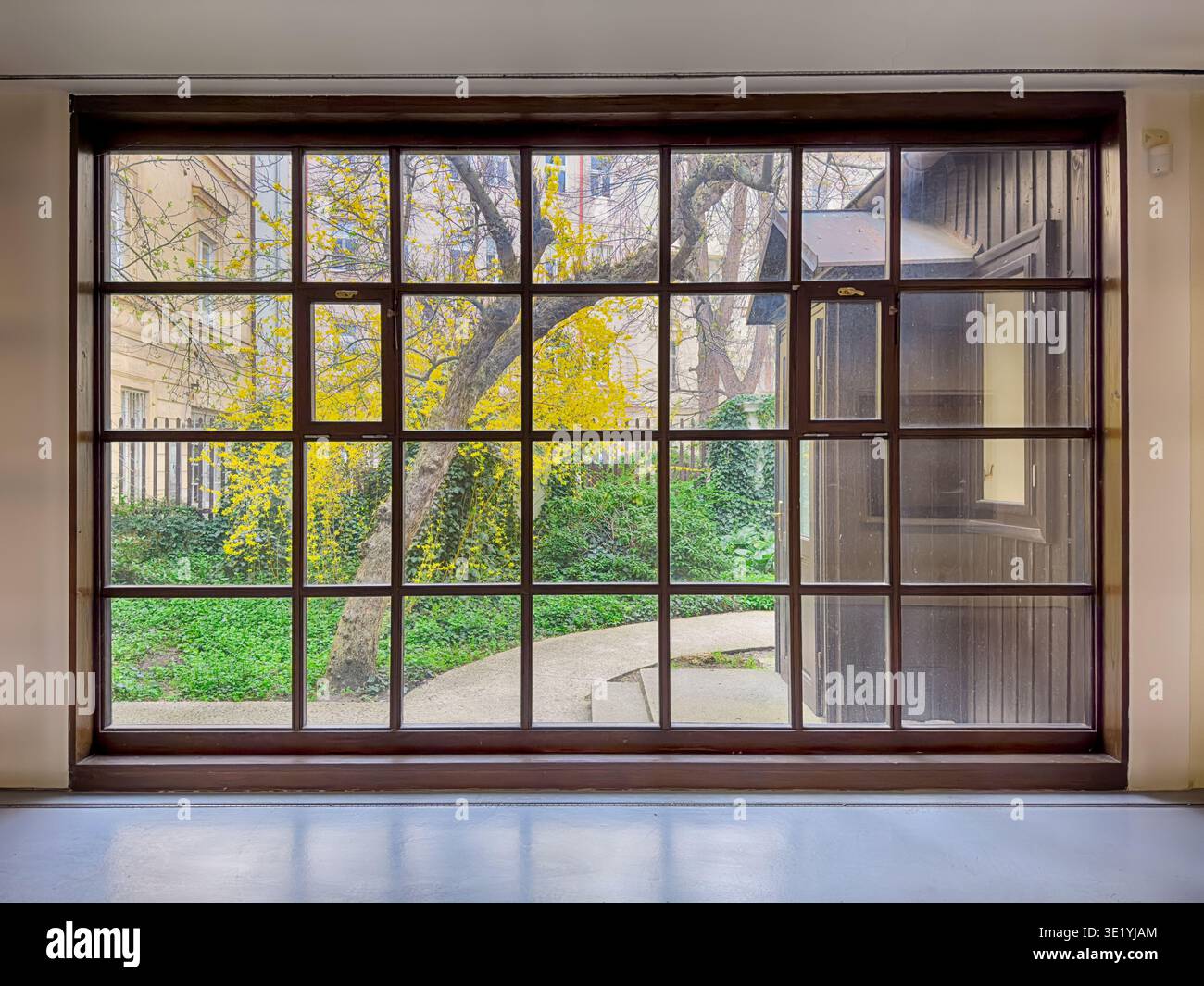 Ein großes Glasfenster bietet einen Blick auf die Gärten und den Innenhof vor einem historischen Fotostudio in Prag. Stockfoto