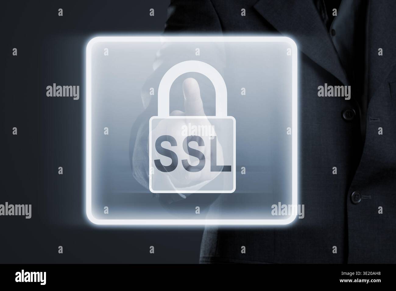 Geschäftsmann, der eine sichere ssl-Verbindung zu Internet-Netzwerkdiensten ermöglicht – Online-Datenschutzkonzept Stockfoto