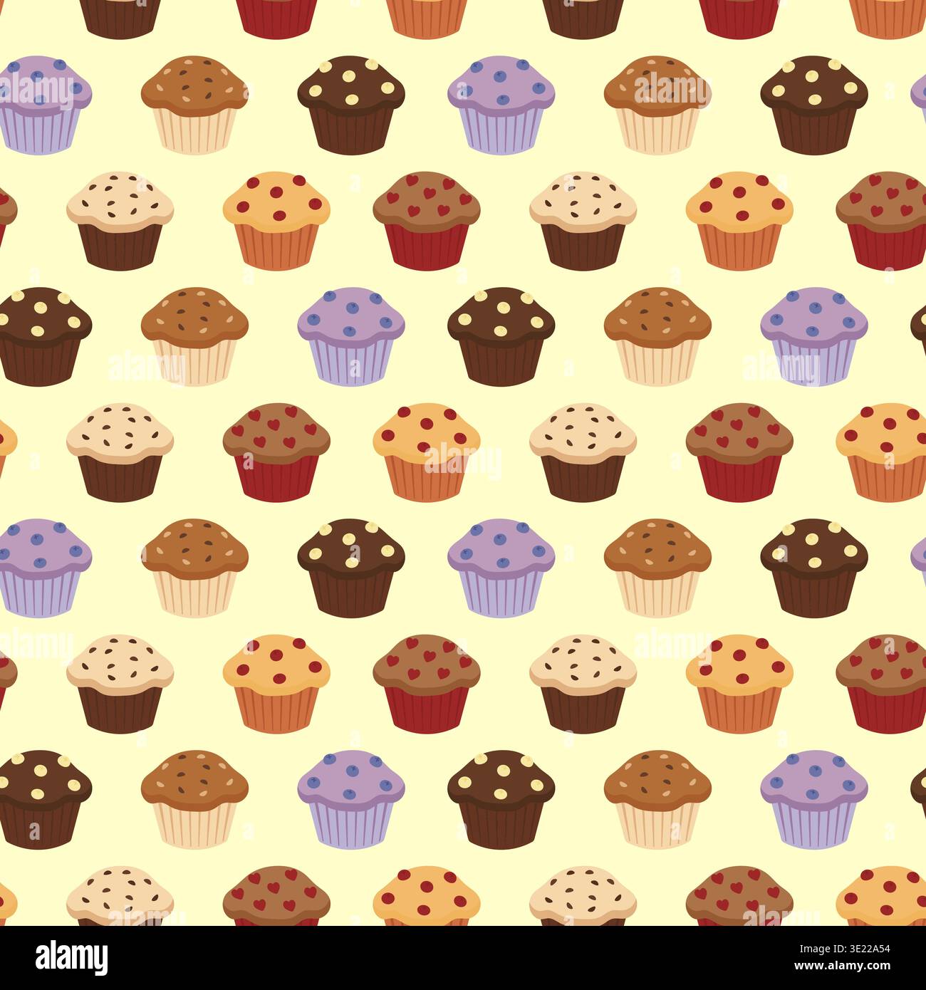 Süße Cupcakes und Muffins nahtloses Muster mit Herzen und Beeren Vektor Illustration. Stock Vektor