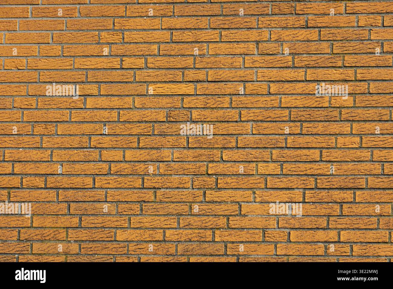 Nahaufnahme einer orangen Ziegelmauer mit normalem Mauerwerk. Stockfoto