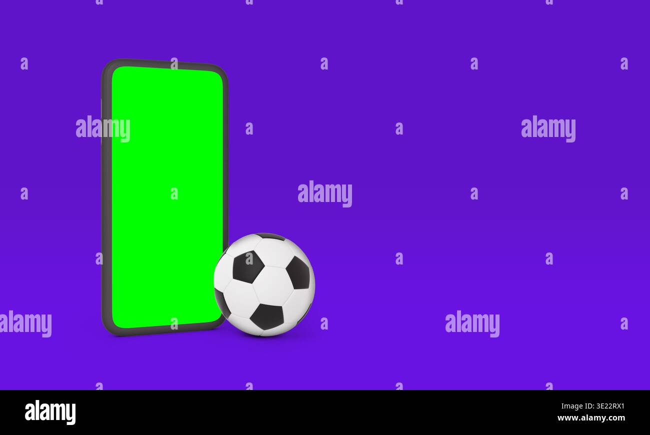 Mobiltelefon und Fußball, das Konzept für Online-Sport-App, Live-Streaming oder Spielergebnisse mit Kopierraum bietet Stockfoto