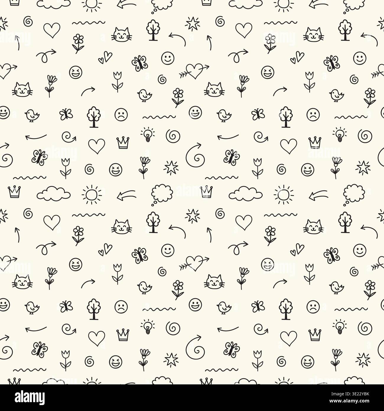 Hand gezeichnete Kritzelsymbole nahtloser Hintergrund für Kinder Stoff Vektor Illustration. Stock Vektor