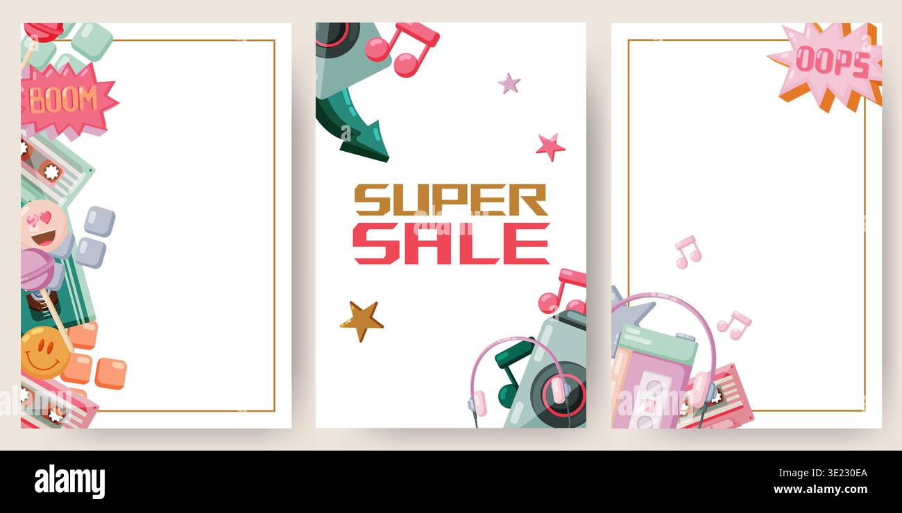 Eine Sammlung von drei vertikalen Flyer- oder Postervorlagen mit goldenen Rändern. Die Designs enthalten Texte wie „SUPER SALE“ und farbenfrohe Retro-Artikel aus den 90er Jahren Stock Vektor
