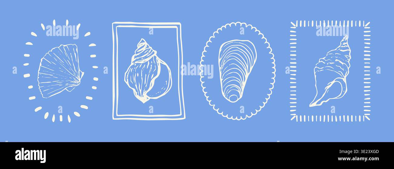 Retro-Stempelset aus Küstenmuscheln, maritimes Thema. Minimalistisches Design im Retro-Stil mit Meeresmuscheln in skurrilen Rahmen. Vektorabbildung Stock Vektor