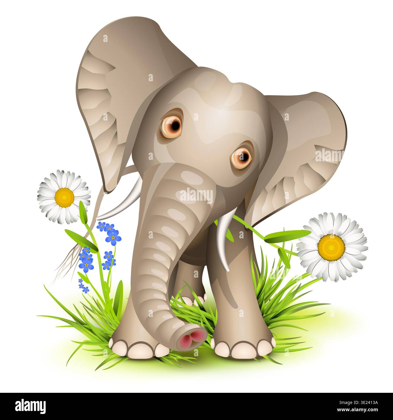 Kleiner ausdrucksstarker Elefant, der auf Gras mit Blumen steht Stock Vektor