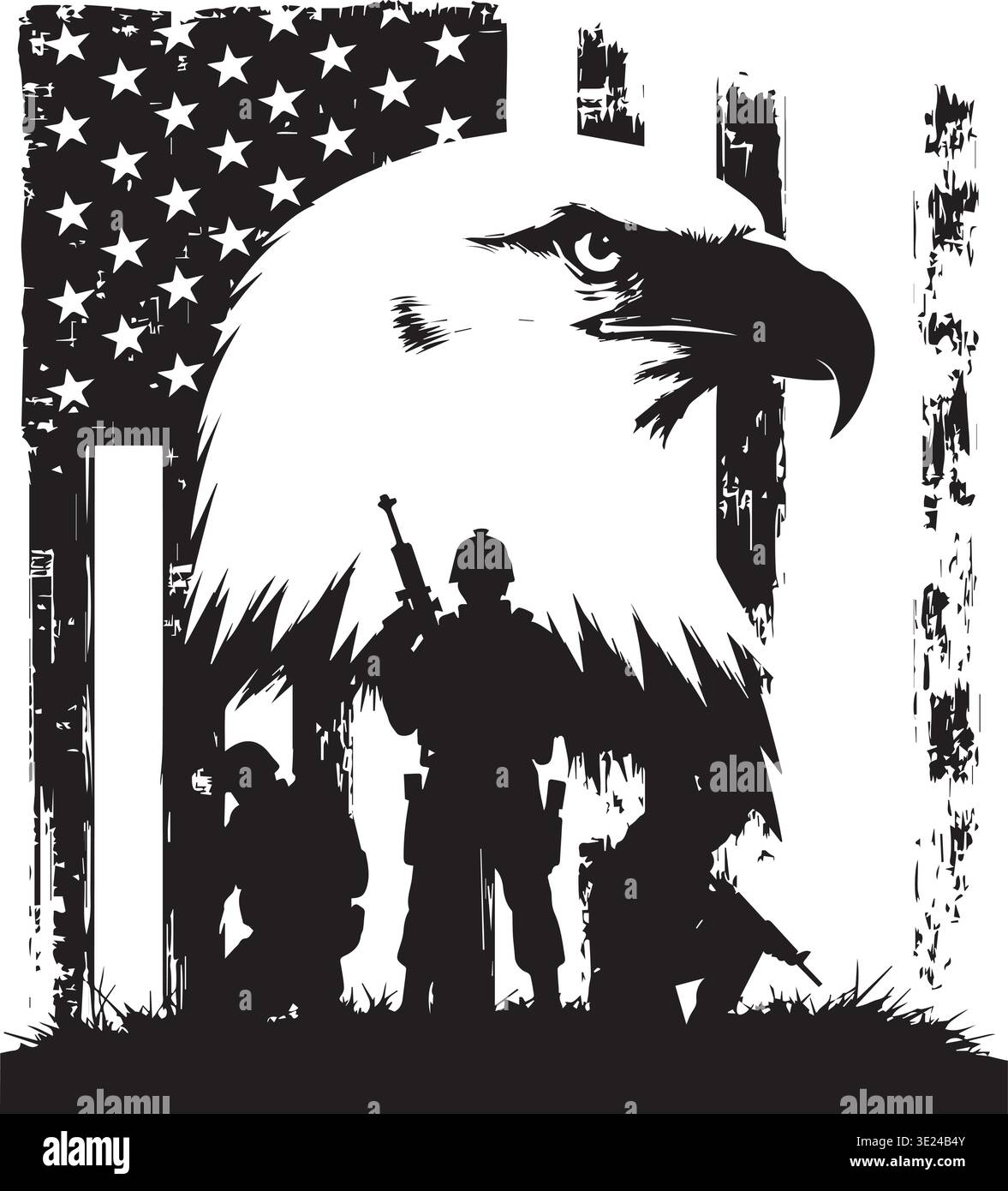 Glatzenadlerkopf Mit Drei Soldaten Unter Amerikanischer Flagge Stock Vektor