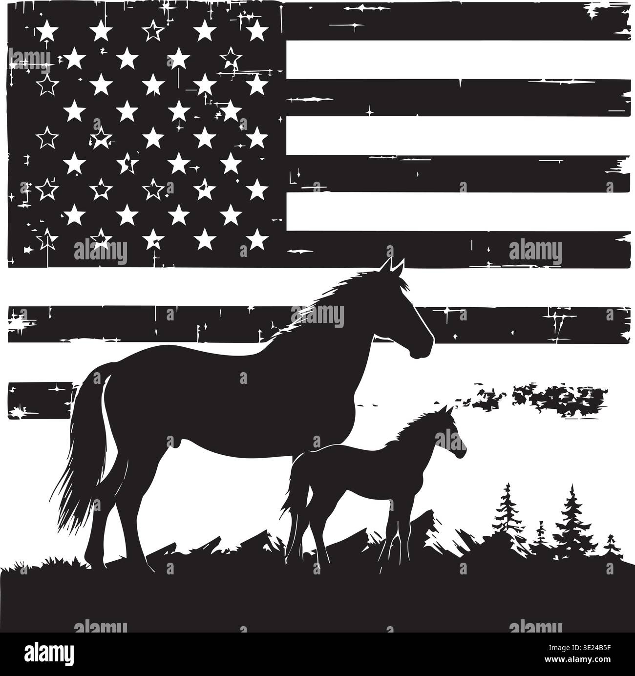 Patriotisches Pferd Und Fohlen Mit „Distressed American Flag“-Silhouette Stock Vektor