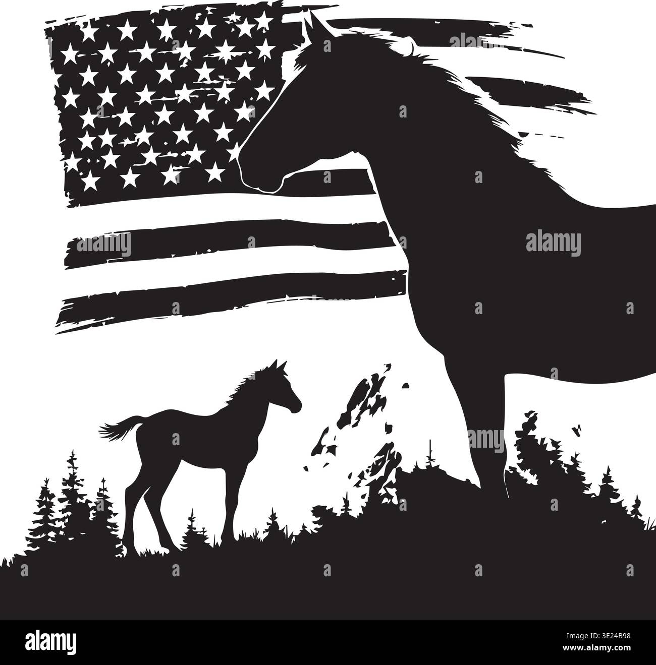 Titel (10 Wörter): Patriotisches Pferd und Fohlen mit Distress American Flag Silhouette Design Stock Vektor