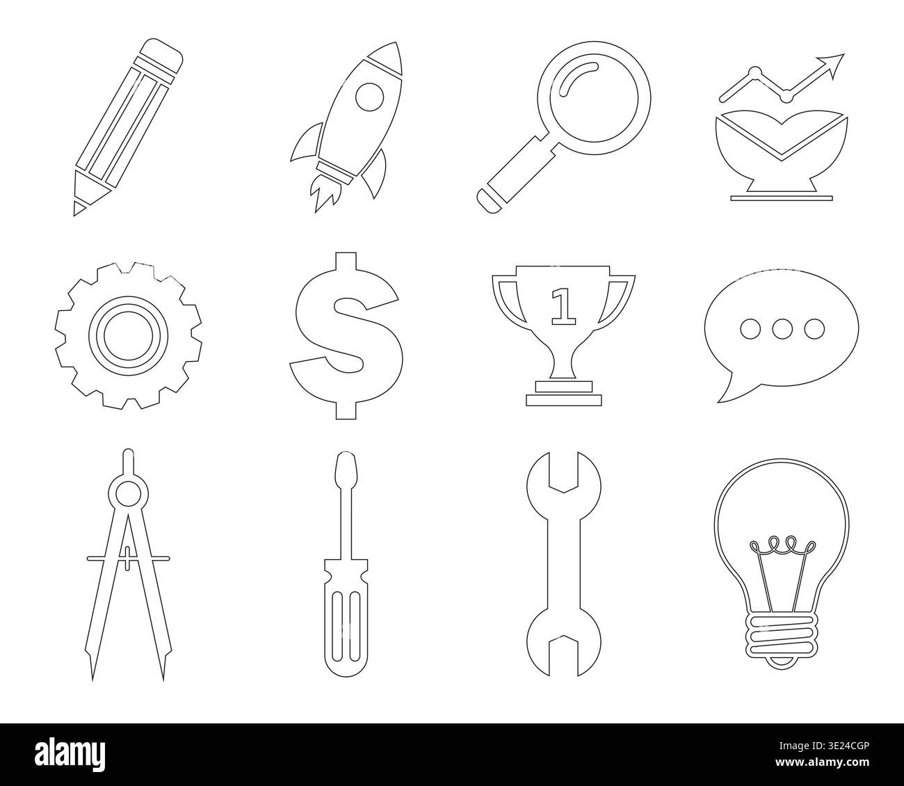 Symbole für geschäftliche und technische Umrisse mit Rocket, Gear, Trophäe, Glühlampe und Tools Line Art Stock Vektor