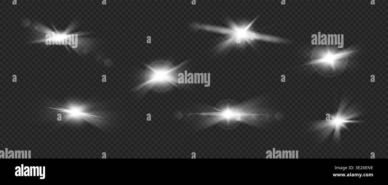Leichtes Glühen mit Lichtreflexlichtern und Glanzblitz. Halo-Bokeh-Linse mit optischem Sternenstrahler und glänzendem Lichtstrahl. Helles Streifenlicht Stock Vektor