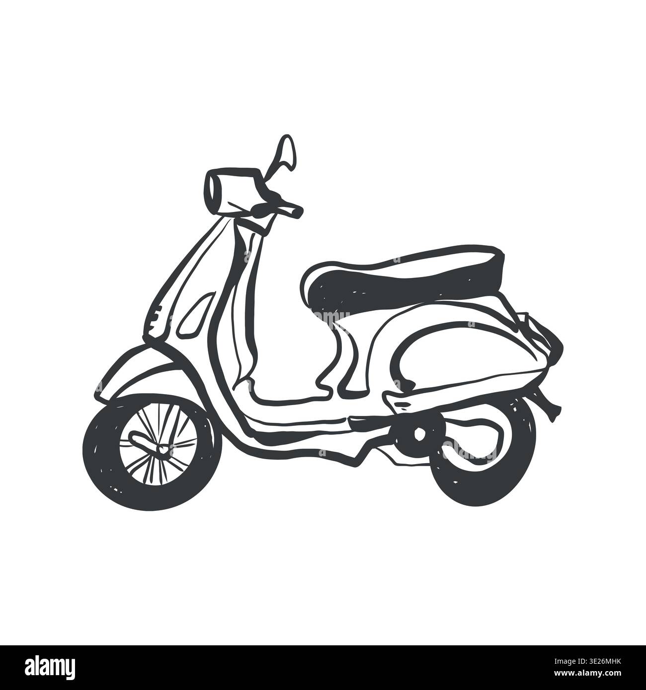 Lineare Vektordarstellung eines Mopeds, einer Vespa oder eines Rollers in Schwarz. Umrissgrafik eines Mopeds auf weißem Hintergrund. Italienische Vespa Stock Vektor