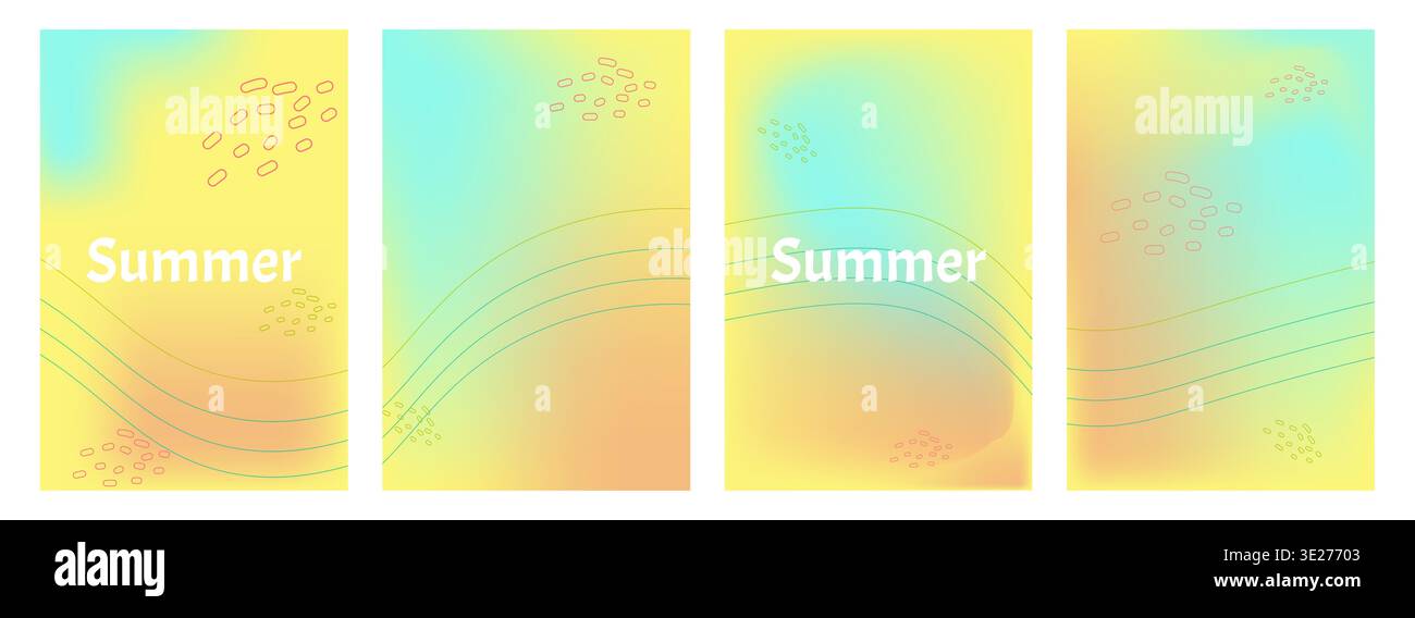 Sommer-Set-Poster abstrakter bunter Verlauf und Blumenelement Mesh Hintergrund. Entwerfen Sie Beiträge in sozialen Medien, Landing Pages und Apps. Vektorabbildung. Stock Vektor