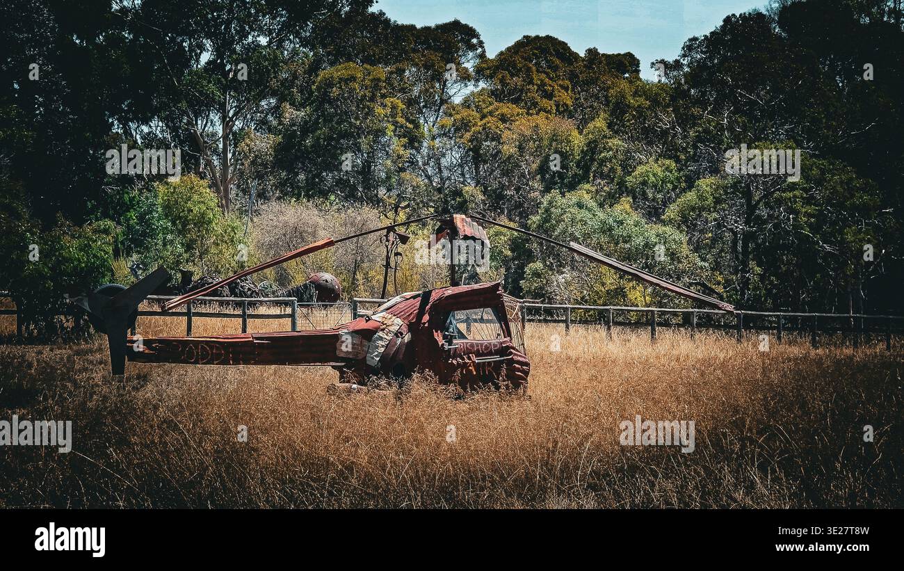 Helikopter-Kunstwerke aus Schrott zeigen kreative Wiederverwendung in einem überwachsenen Feld. Dieses Stück hebt Transformation und Nachhaltigkeit hervor. Stockfoto