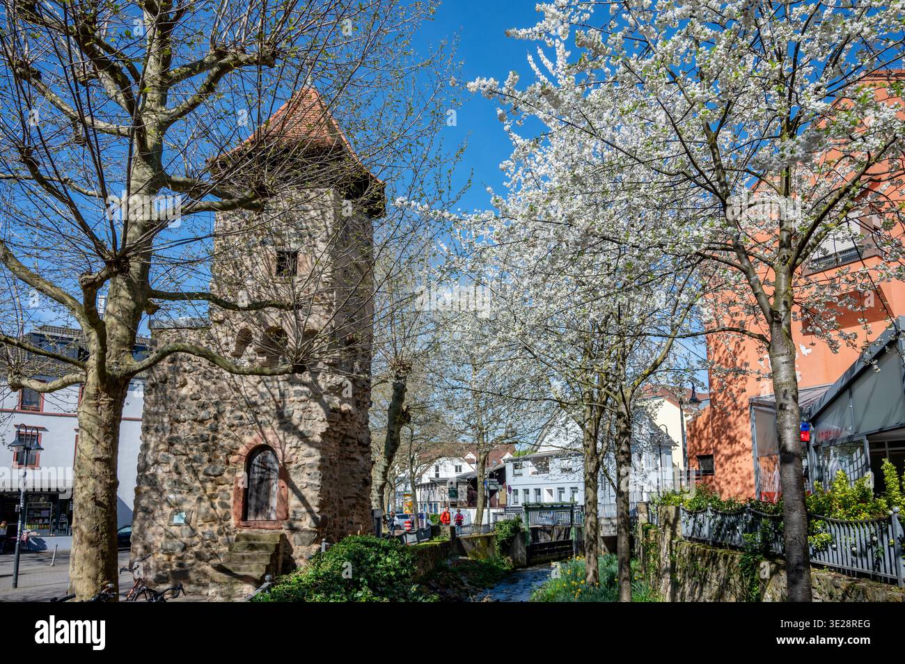 Das Rinnentor in Bensheim, ein Wahrzeichen der Stadt, /Wikipedia: Der Rinnentorturm ist ein Rest der mittelalterlichen Stadtbefestigungsanlage, die im Stockfoto