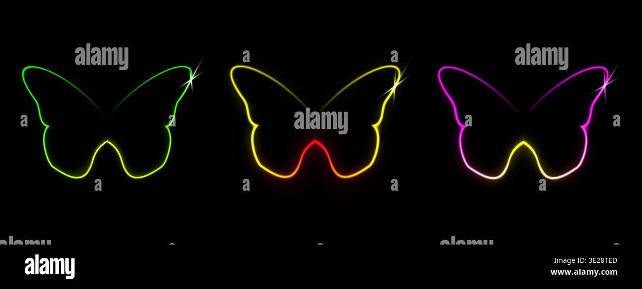 Ein Satz von bunten leuchtenden Schmetterlingen. Neonlicht-Effekt: Gelb, grün, rosa und rot. 3D-Vektorillustration auf schwarzem Hintergrund. Stock Vektor