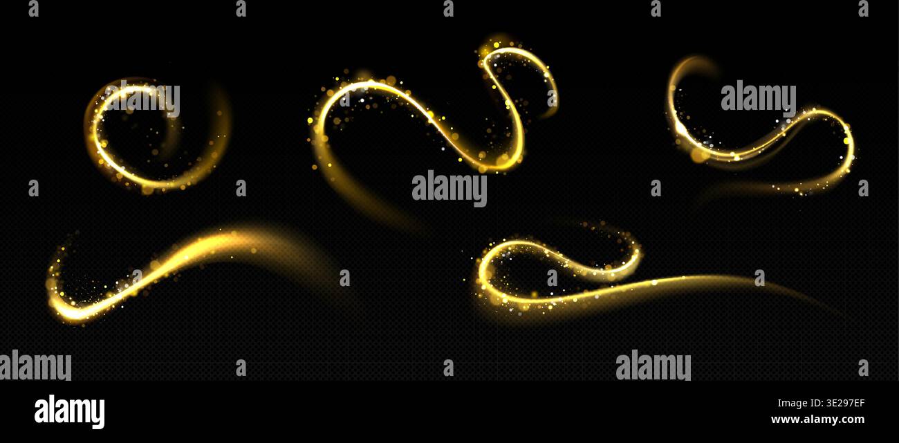 Wirbeln Sie goldene Lichtströme mit magischen Glanzeffekten auf dunklem, transparentem Hintergrund. Elegante, wirbelnde Energiemuster und goldene Glitzer. Abstraktes Design mit leuchtenden Kurven und fließenden Partikeln. Stock Vektor