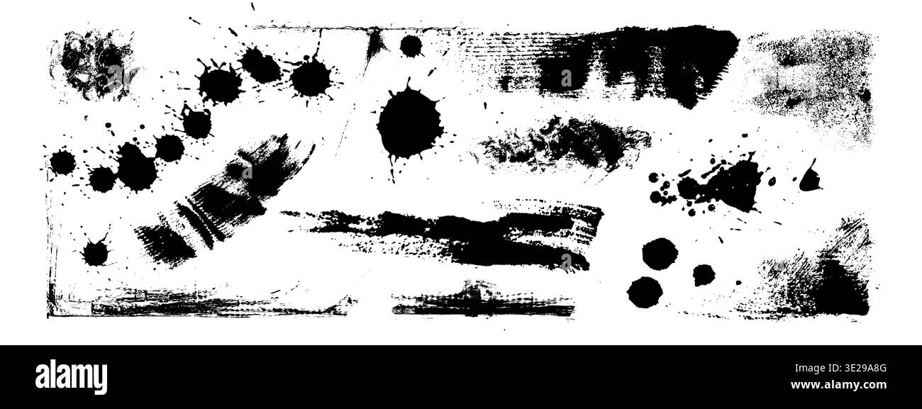 Grunge Splatter Doodle Set mit schwarzen Farbtintenspritzern und Pinselspray Texturen. Vektorgrafiken mit abstrakten Farbmustern, Aquarelleffekten und rauen Konturformen, die auf weiß isoliert sind. Stock Vektor