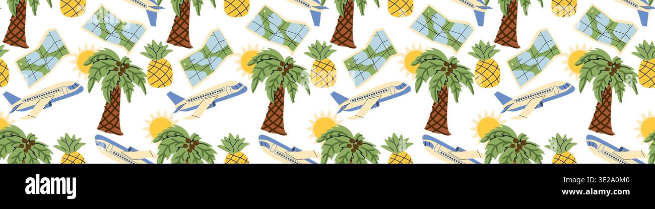 Sommerferien nahtloses Grenzmuster isoliert auf weiß. Ebene und Karte, Palmen- und Ananasmuster. Vektortextur für Sommertextilien, Tapeten, Stoffdesign. Stock Vektor