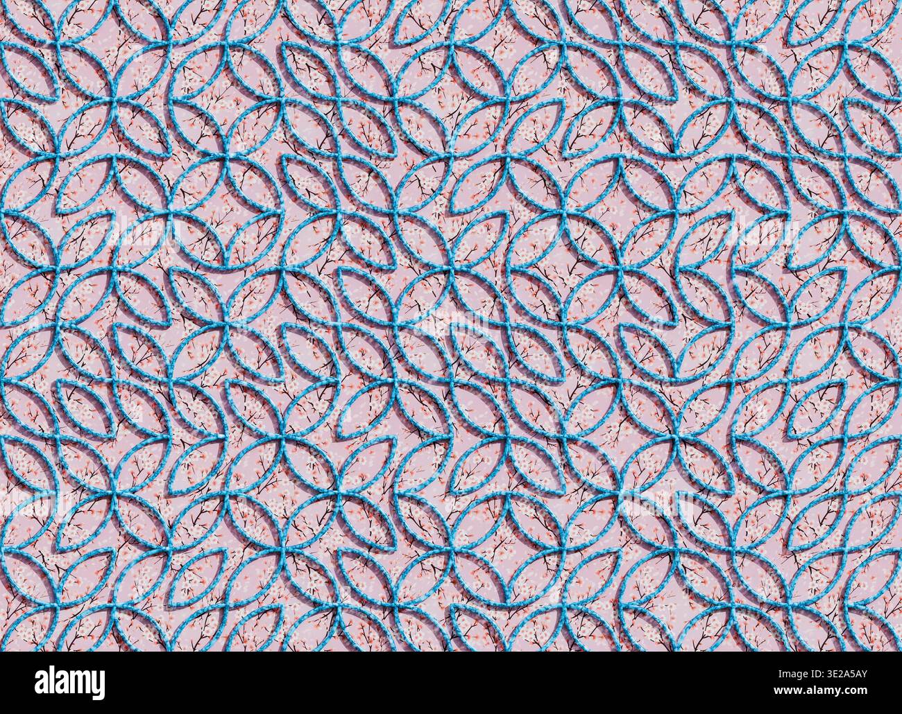 3D-Rendering eines sich wiederholenden geometrischen Gitters aus ineinander greifenden blauen Kreisbögen, die auf der Oberfläche Blütenblätter bilden. Stockfoto