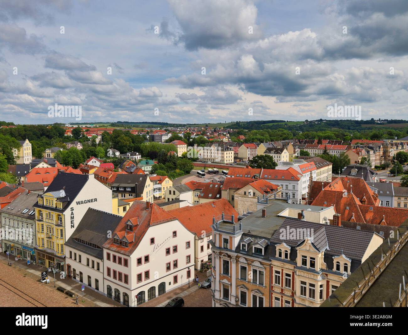 Stadtbild von Döbeln in Sachsen: Panoramablick vom Rathausturm über historische Dächer, Wohnhäuser und die sächsische Landschaft Stockfoto