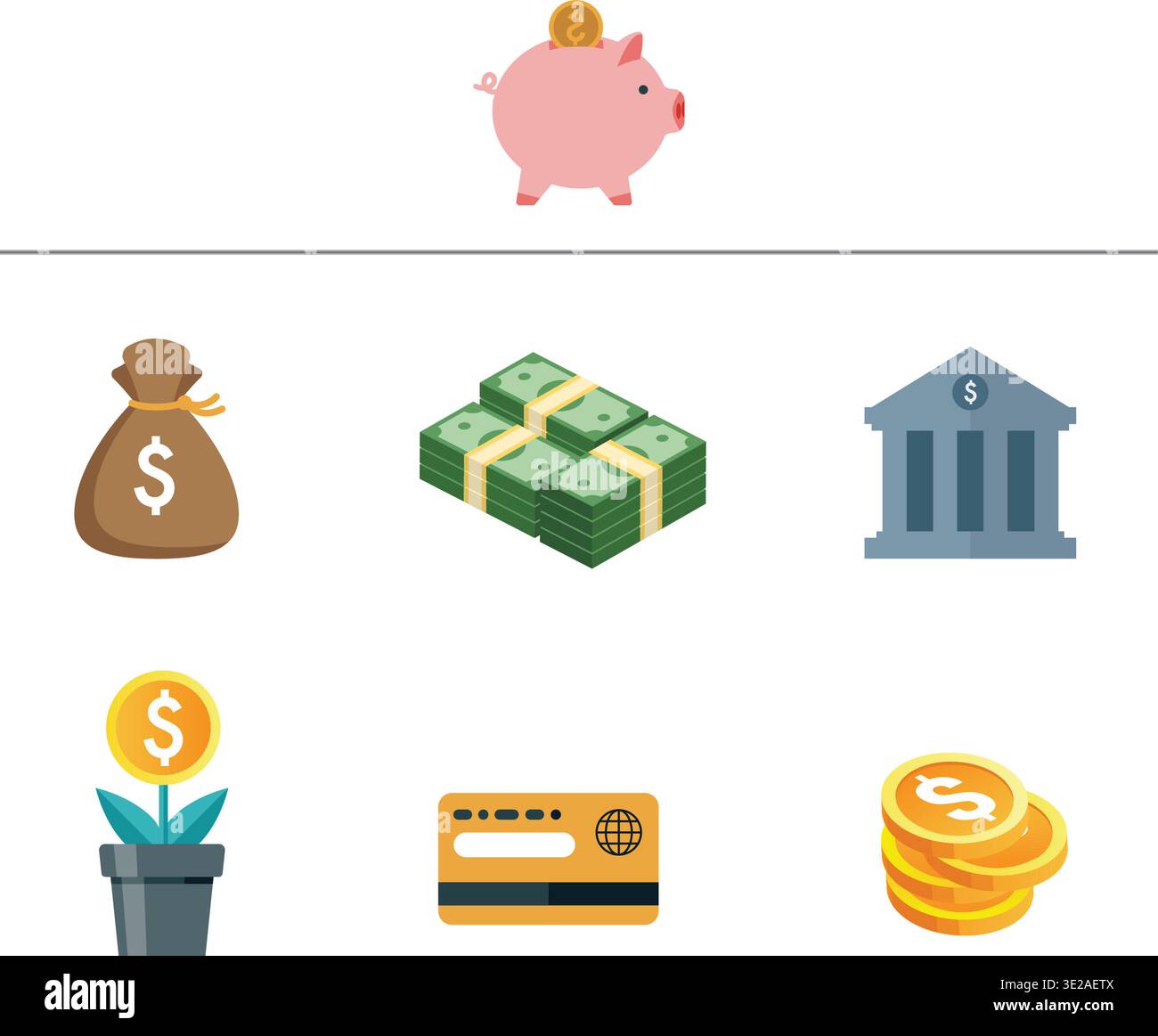 Flache farbige Finanzsymbole mit Bargeldkarte und Dollarzeichen isolierte Vektorillustration Stock Vektor