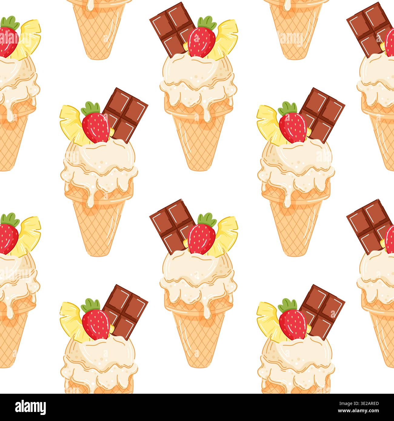 Nahtloses Muster aus Vanilleeiskegel im Cartoonstil mit Schokoladenriegel, Erdbeeren- und Ananasscheibe. Perfekt für Café-Menü im Sommer Stock Vektor