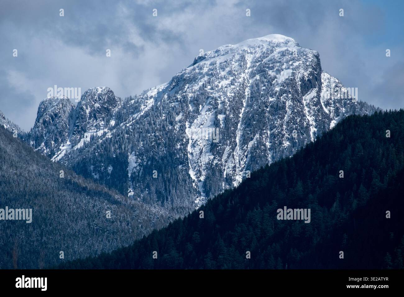Der abgerundete, steile Gipfel in der Nähe des Pitt Lake, BC, hat Adern aus frischem, weißem Schnee, der an der Flanke entlang läuft. Im Vordergrund zwei untere, dicht bewaldete Berge Stockfoto