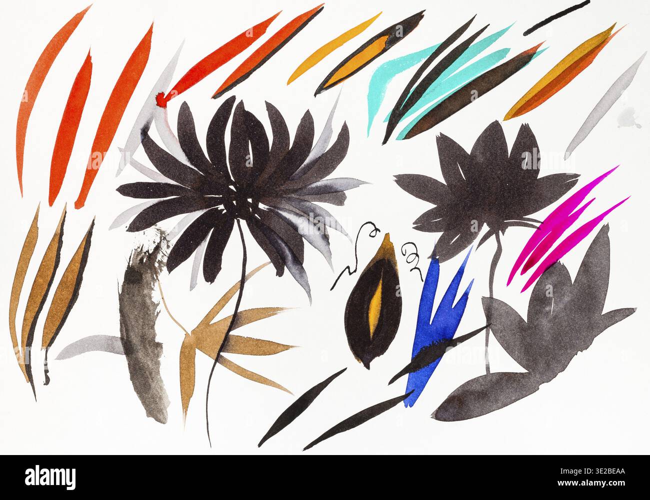Training Zeichnen im sumi-e (Suibokuga) Stil - Pinselstriche geformte Blätter und Chrysanthemen Blumen durch Aquarelle auf weißem Papier Stockfoto