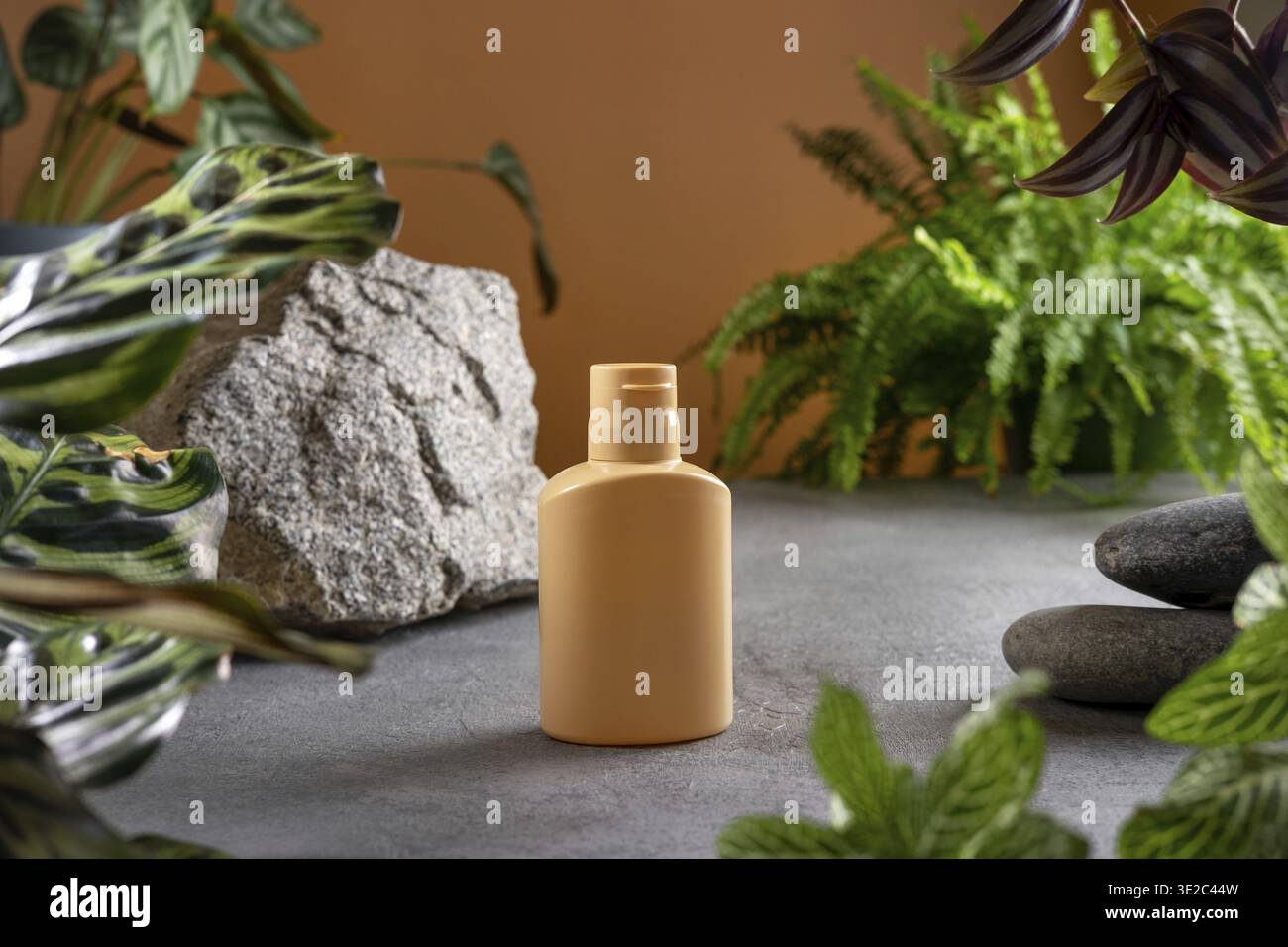 ?Osmetisches Produkt-Branding mit tropischen Blättern auf braunem Hintergrund. Werbung für Kosmetikprodukte mit natürlichen kosmetischen Inhaltsstoffen für Hautpflege und Körper Stockfoto