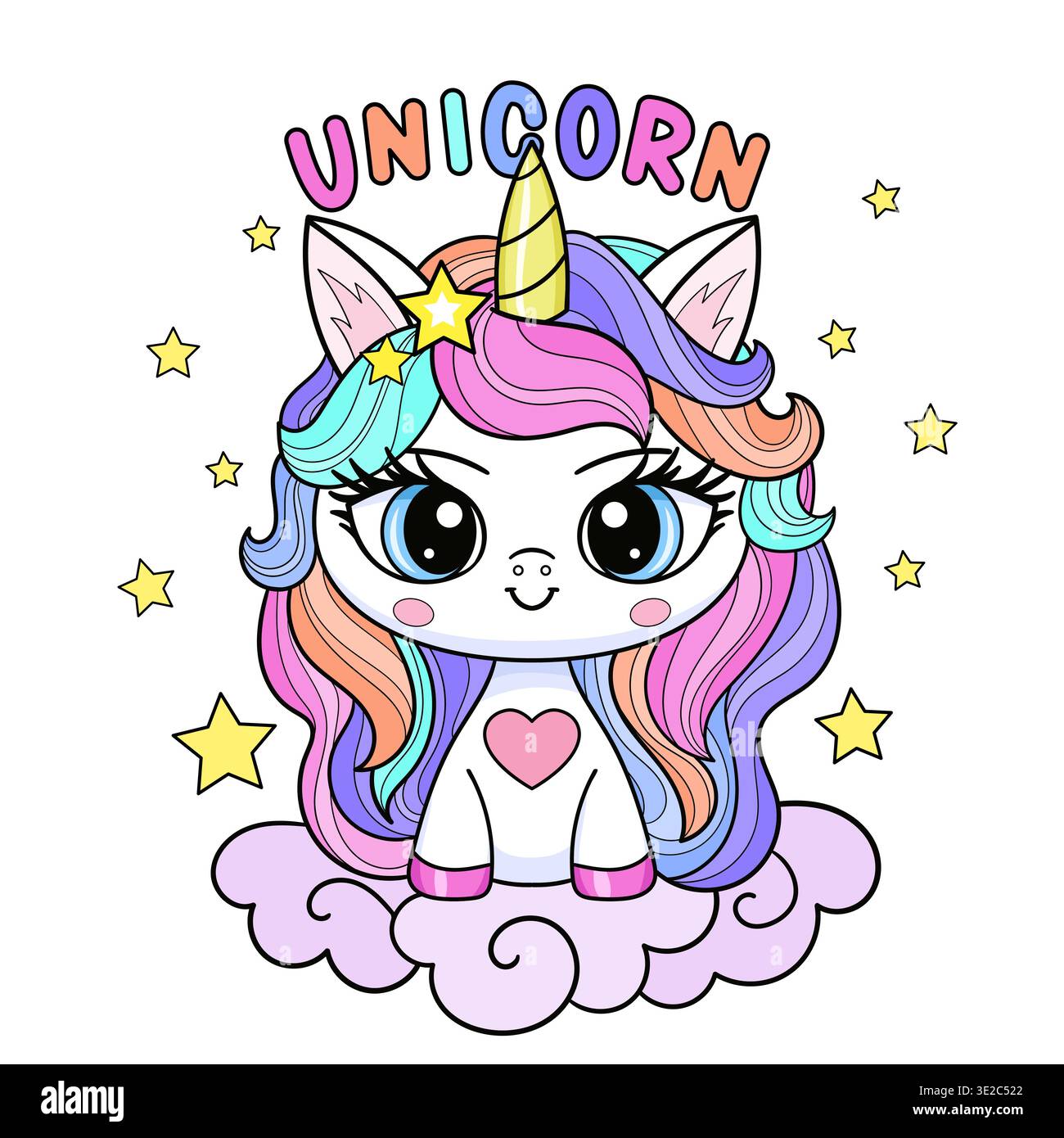 Ein niedliches Einhorn mit Regenbogenmähne sitzt auf einer Wolke zwischen den Sternen. Schriftzug: 'Unicorn'. Geeignet für Kinderdesigns, Drucke, Poster, Karten, sti Stock Vektor
