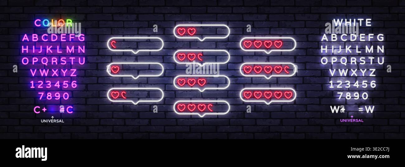 Neon-Symbole zur Herzbewertung in Chat-Blasen mit leuchtendem Effekt. Helle Symbole, die Feedback-Level im romantischen Stil an einer dunklen Ziegelwand anzeigen Stock Vektor