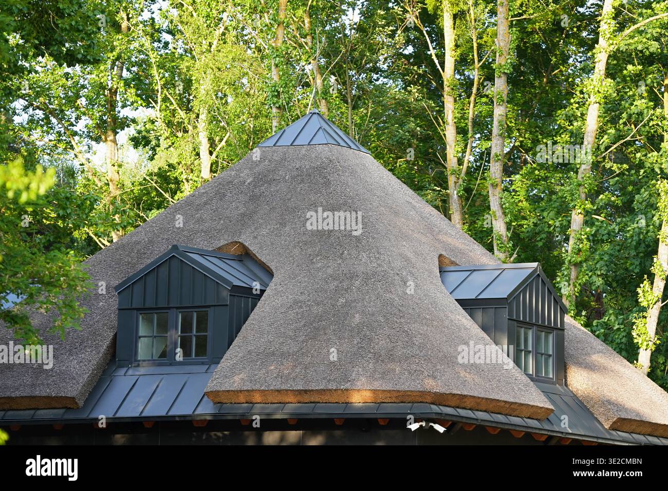 Ein Dach, das traditionelle Strohdach mit modernen Metallelementen wie Dachbalken und einem Kamm kombiniert. Hochwertige Fotos Stockfoto