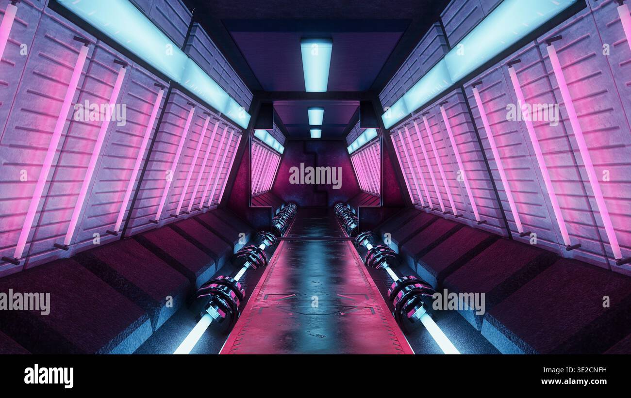 Futuristische Cyberpunk-Raumstation oder Raumschiff-Innentunnel. Science-Fiction-Konzept 3D-gerenderte Illustration. Stockfoto