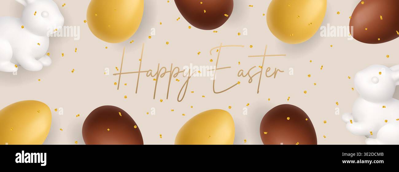 Happy Easter Banner mit Kaninchen, Eiern und Konfetti. 3D-Hintergrund für festliche Feiertage Stock Vektor