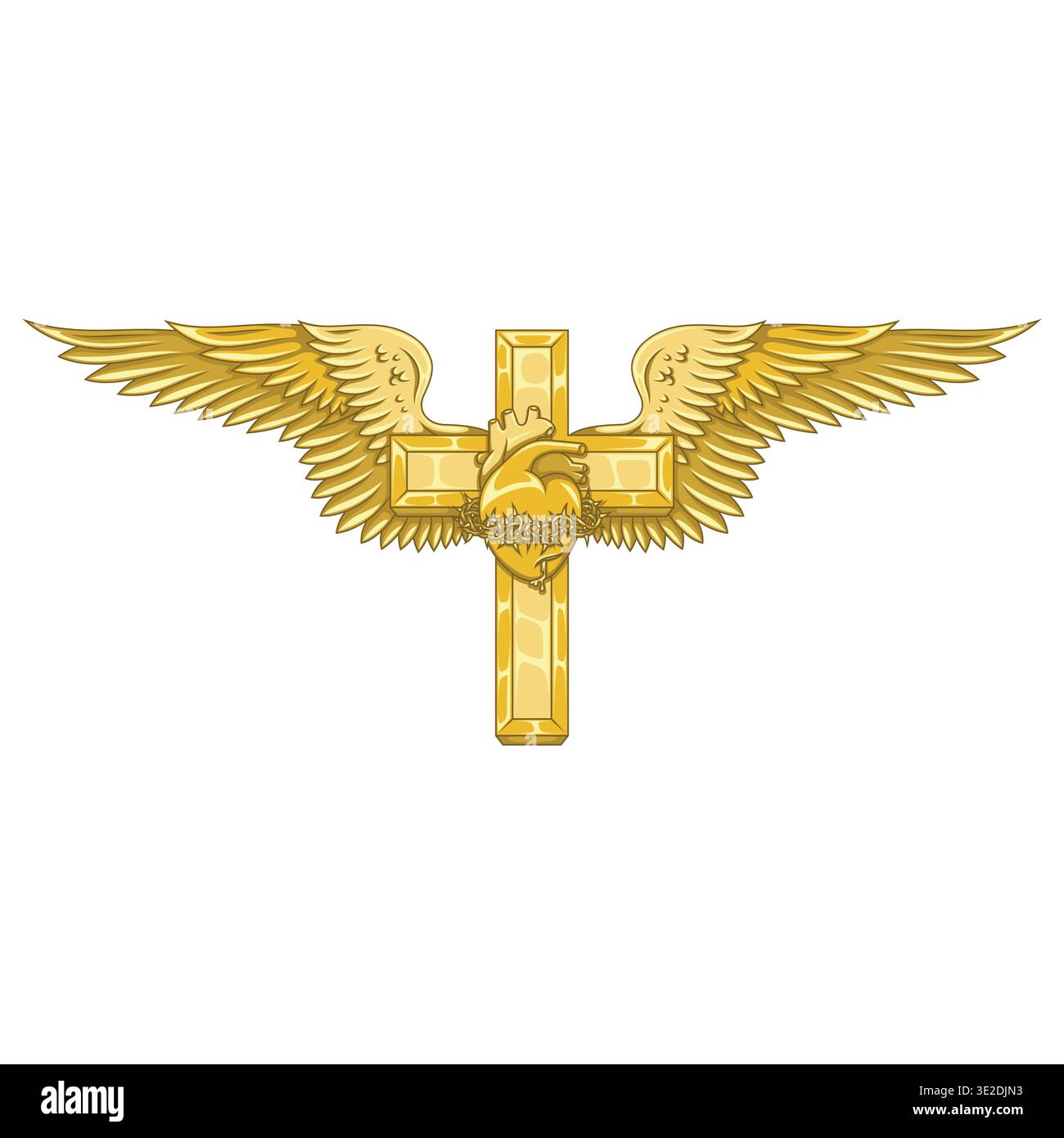 Elegantes Design eines geflügelten Kreuzes mit dem Heiligen Herz in luxuriösem Metallic-Gold. Hochwertige Darstellung mit glänzenden Oberflächen und goldenen Reflexen, Stock Vektor