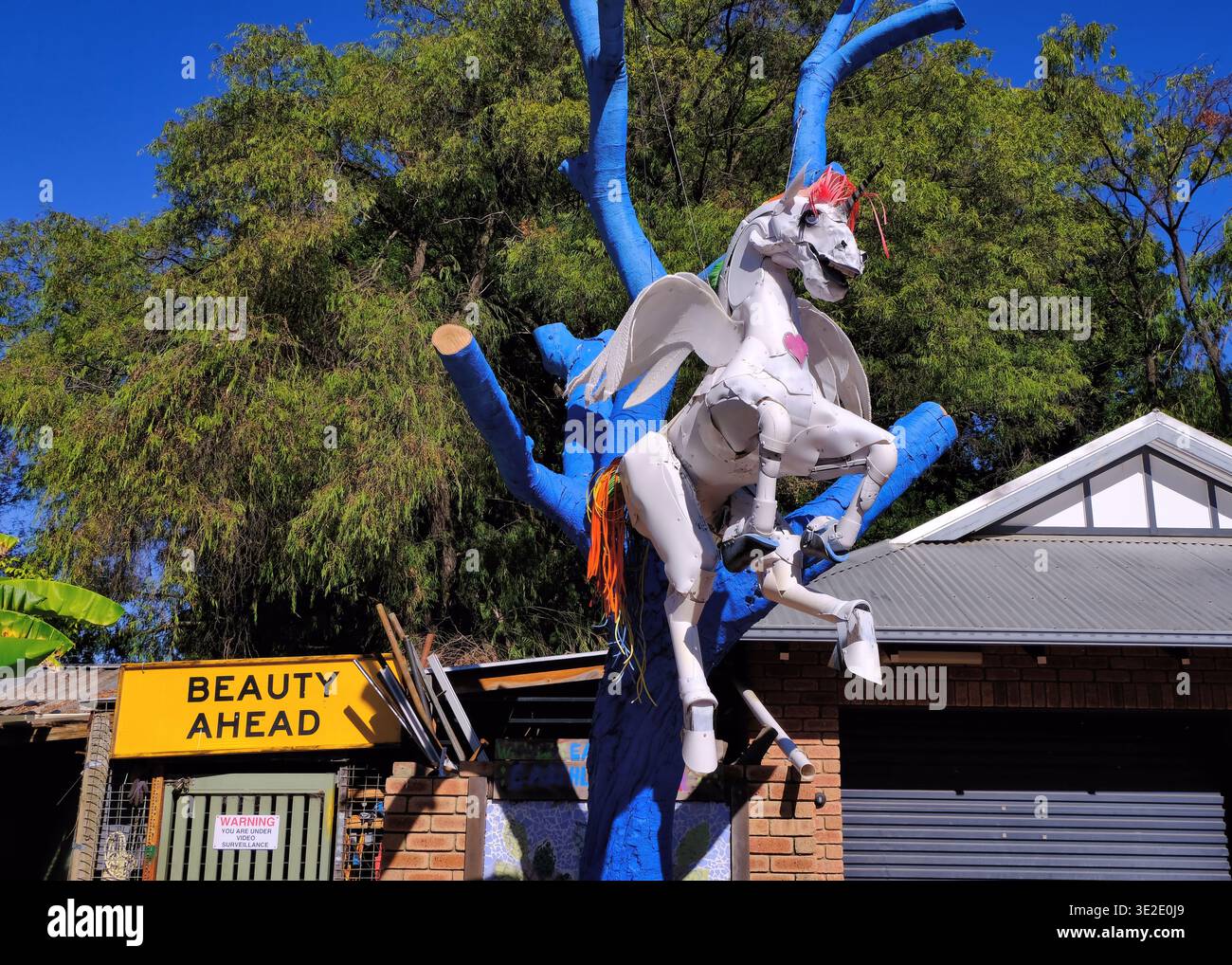 Subiaco: Weißes fliegendes Einhorn und Pegasus-Statue von Ken Allen auf dem Earthwise Kids Playground, Bagot Road, Subiaco, Perth, Western Australia Stockfoto