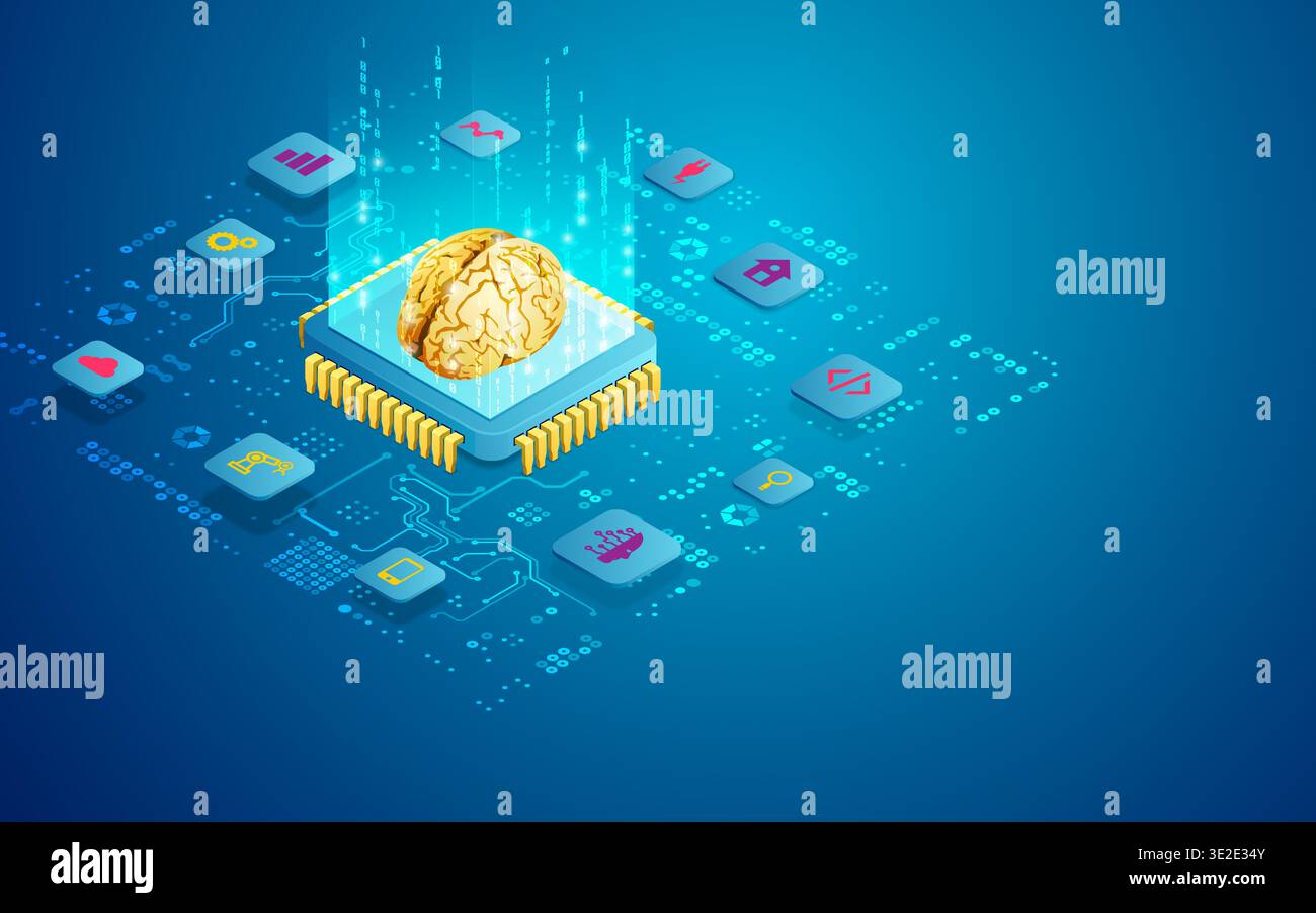 Konzept des Internets der Dinge oder iot, Mikrochip und Gehirn mit künstlicher Intelligenz mit digitaler Technologie-Schnittstelle in isometrischer Form Stock Vektor