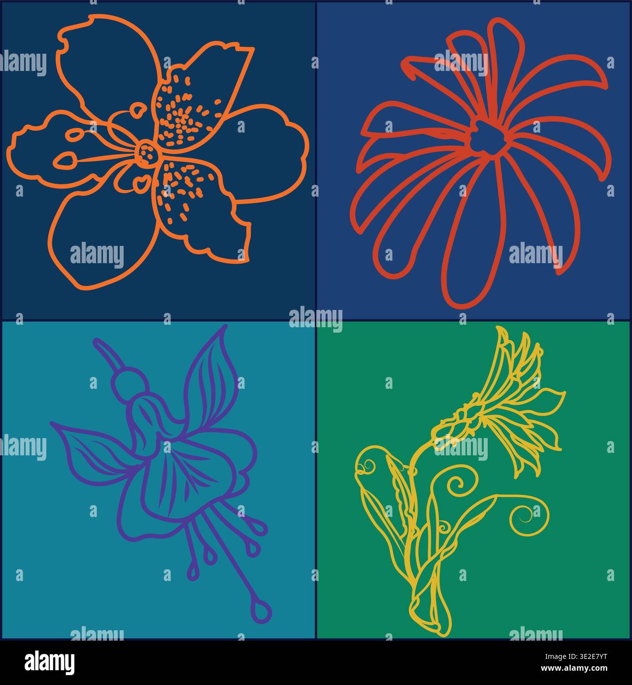 Modernes handgezeichnetes Patagonisches Blumenkollektion-Set - Manuelle Vektorlinie Kunst von Notro, Amancay, Chilco und einheimischer Flora auf Farbblöcken. Botanische Kunst Stock Vektor