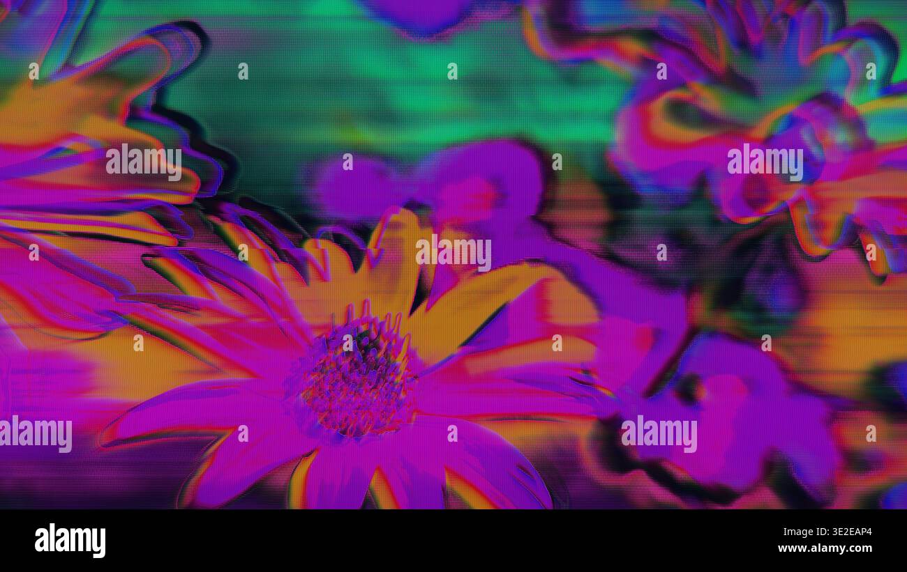 Neon-Floral-Glitch mit chromatischer Aberration und digitalem Rauschen Stockfoto