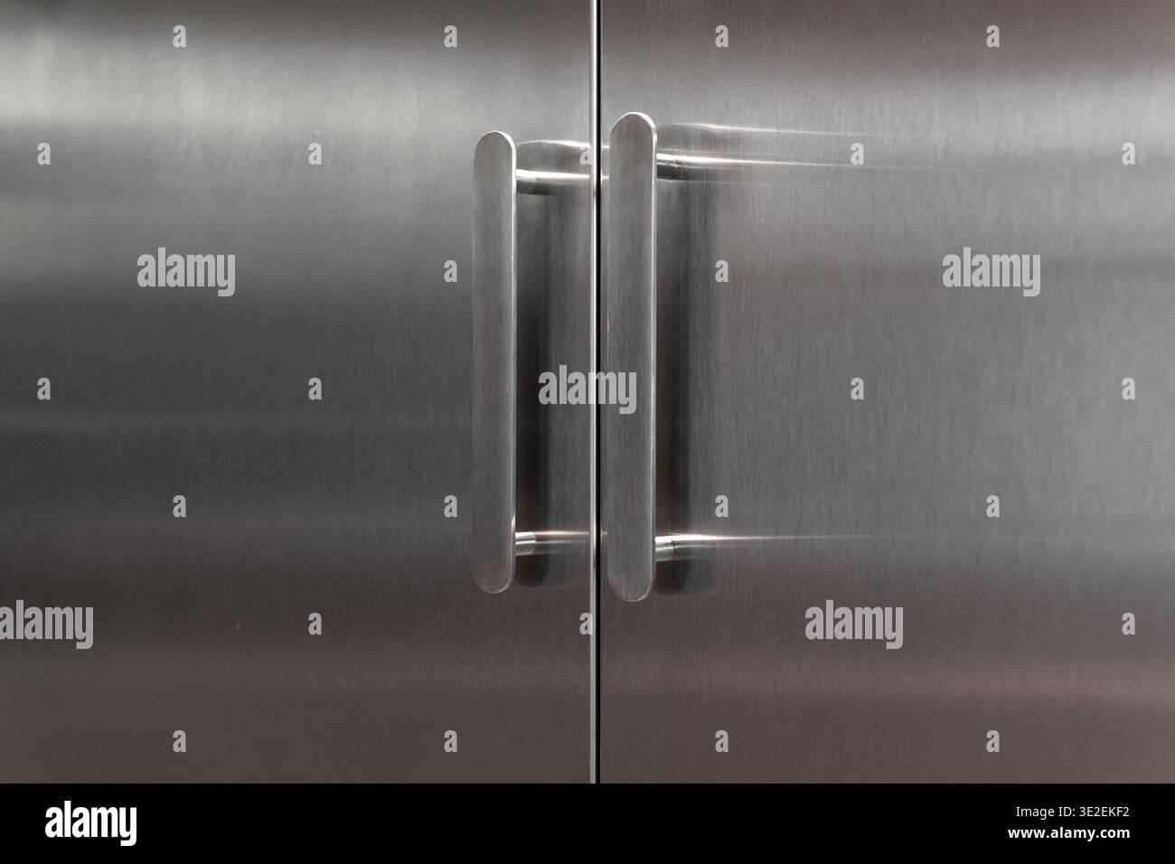 Schranktüren aus Edelstahl mit modernen ovalen Griffen. Nahaufnahme des schlanken Designs, Doppeltüren aus Industriemetall mit minimalistischen silbernen Griffen. Stockfoto