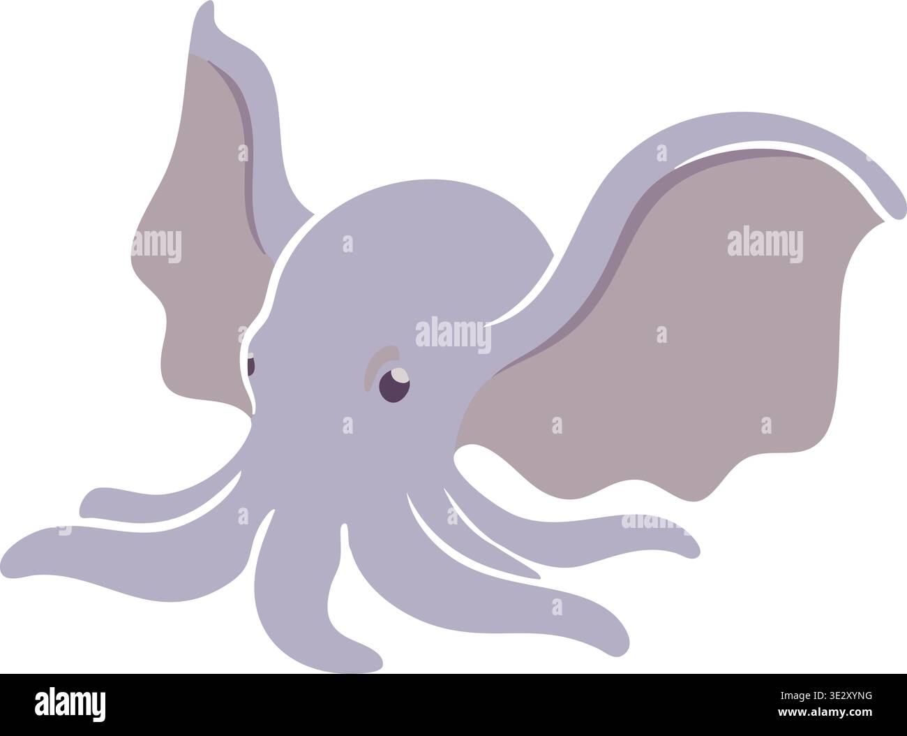 Niedliche Illustration eines weichen violetten Oktopus mit abgerundetem Kopf, großen Flossen und sanft ausgebreiteten Tentakeln. Stock Vektor